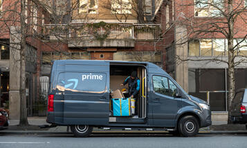 Amazon Prime Delivery Van  withDoor Open on City Street