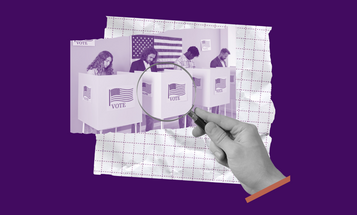 Image of hand holding magnifying glass over an image of people voting