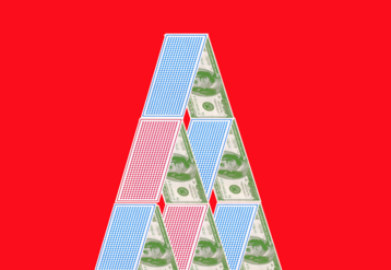 Stacked deck of cards on a red background