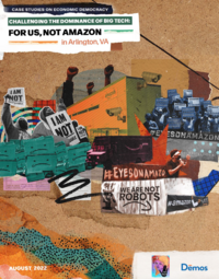Collage image of Amazon facility, Amazon workers protesting, Amazon boxes
