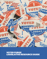Collage of 'I Voted' stickers piled on top of each other. The text reads: Voter Purge Legislative Resource Guide