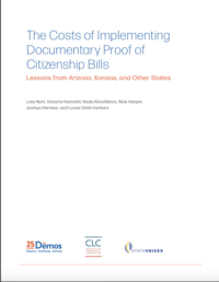 The cover page for a research whitepaper titled "The Costs of Implementing Documentary Proof of Citizenship Bills