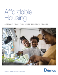 Cover of Power Policies' Affordable Housing Populist Policy - Cover features Three generations of a family cook together in a kitchen — an older woman stirs a pan while a boy reaches toward the counter and a woman watches, smiling.