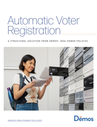 Power Policies - Automatic Voter Registration Cover featuring A young woman with a backpack smiles as she reads mail she's just taken from an open apartment mailbox.