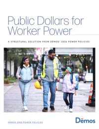 Power Policies - Public Dollars Cover featuring a man in a reflective safety vest walks down a city sidewalk holding hands with a young girl, a hard hat and thermos in his other hand, while an older girl walks alongside them.