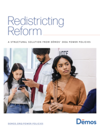 Cover of Power Policies Redistricting Reform Solution - Featuring A woman stands in a line of people waiting at a polling place, a "Vote" sign posted on the wall behind her.