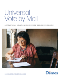 Cover of "Universal Child Care: A Populist Policy from Dēmos' 2026 Power Policies," with a photo of an older woman sits at her dining table filling out a mail-in ballot with a pen, an official election envelope in front of her..