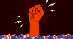 Fist up with lightning bolts and American flags