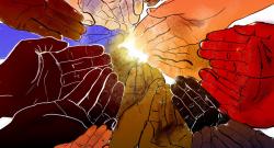 A circle of multi-racial hands extended and reaching for the light