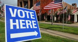 "Vote Here" sign in the grass in front of a polling station