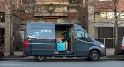 Amazon Prime Delivery Van  withDoor Open on City Street