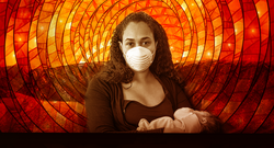 Woman with Mask Holding Baby with Mosaic Background