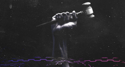 Black fist holding a gavel and breaking free of chains