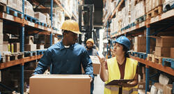 Workers walking and talking in a warehouse