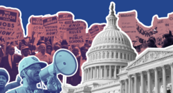 Protestors behind the Capitol Dome with an activist with a megaphone in the foreground