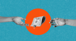 Two hands reaching for money in the middle of the image