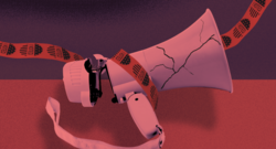A broken megaphone wrapped in red tape that is dotted with I Voted stickers