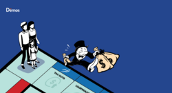 Tax themed monopoly board shows a rich person running away with money bags, leaving a working family at square one