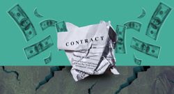 A graphic featuring a crumpled contract on a slab of broken concrete in the foreground with dollar bills in the background