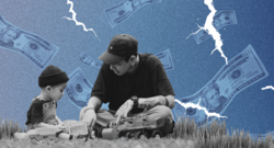An image of parent and child playing outside over a background of dollar bills. 