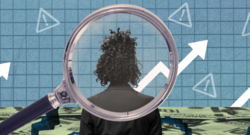 An illustration of a Black woman viewed from behind through a magnifying glass, with a background of financial graphs and currency notes.