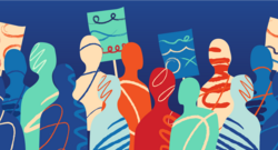 Doodle style graphic of outlines of a crowd holding signs 
