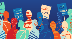 Doodle style graphic of outlines of a crowd holding signs 