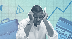 Black worker in the foreground looking frustrated, with economic indicators floating in the background