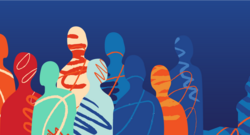 Abstract illustration featuring colorful, stylized silhouettes of the Capitol building and a group of people with flowing lines and shapes against a blue background.