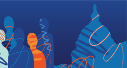 An illustration of multicolored people next to an image of the capitol building