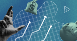 Illustration of a hand reaching towards a piggy bank and a money bag, with icons of a house and arrows on a graph, symbolizing financial growth.