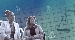 Three professionals engaged in a discussion with the scales of justice in the background