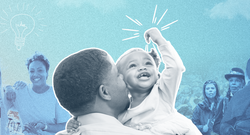 A joyful child is held by a parent with a collage of diverse people in the background. Lightbulb drawings symbolize ideas. The scene conveys hope and unity.