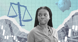 A person with thoughtful expression is surrounded by various financial symbols, including a scale, a piggy bank, and stock market graphs, overlaying a background of currency notes.