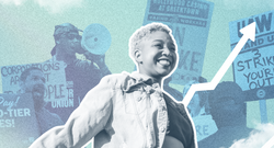 A woman smiling in front of organizers with rally signs 