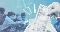 A hand dropping cash into a jar