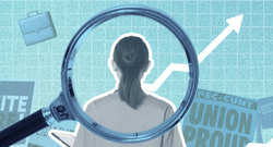 A figure is viewed through a magnifying glass, standing against a background of upward-trending arrows, tools, and items like a stethoscope. The backdrop includes signs for "Unite Here!" and "PSC-CUNY Union Protests," suggesting themes of labor and healthcare.