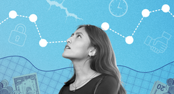 A Latina woman looks upward as currency symbols float in the background