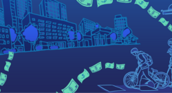 The image is an illustrated cityscape at night with buildings, trees, and a pedestrian crossing. People are riding bicycles on the right. Dollar bills are floating through the scene in a wavy pattern.