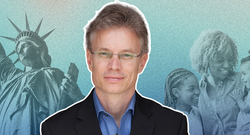 An man in a suit is featured in front of a blue background with black and white images of the statue of liberty and a family