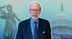 Stephen Heintz in a suit and tie stands in front of an illustrated background featuring the Statue of Justice and the U.S. Capitol building.