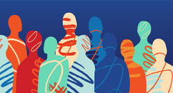 Abstract illustration of colorful, stylized human figures filled with swirling patterns against a solid blue background.