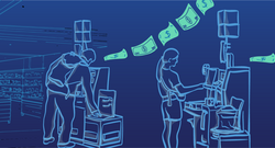 Doodle art of people at a self-checkout in the foreground with line art of a grocery store in the background