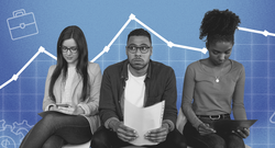 A group of three individuals is seated in front of a blue background featuring various business-themed icons like clocks, gears, and an upward-trending graph. They are holding different electronic devices and papers, seemingly waiting for a job interview.
