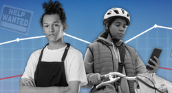 Image showing two teenagers: one wearing an apron with arms crossed, and another holding a bicycle and smartphone, wearing a helmet. Background includes "Help Wanted" signs, a line graph, a briefcase, and economic-themed icons.
