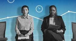 Two individuals seated and holding notepads, set against a blue background with white line graphs, clocks, and icons of a briefcase and gears.