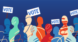 Illustration of a crowd holding "Vote" signs against a solid blue background.