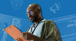 A Black man in glasses and a green jacket reviews a clipboard, set against a blue collage of a historic U.S. census form and people waiting in line at voting booths.