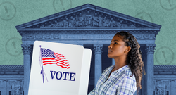A person stands in front of a voting booth with a U.S. flag and the word "VOTE" on it. In the background, there is an image of the U.S. Supreme Court building.