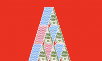 Stacked cards on red background